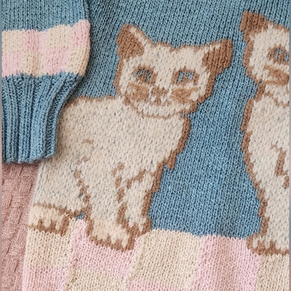 RARE VINTAGE 1980s BEREK Kitty Cat Pastel Sweater Hand Knitted - Picture 5 of 5